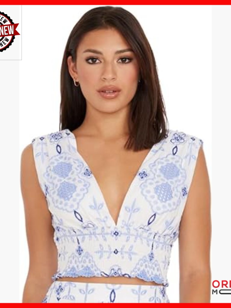 Smocked V-Neck Mesh Crop Top With Criss Cross Back Design